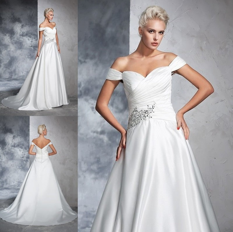 Ruched Long Off-the-Shoulder Sleeveless Ball Gown Taffeta Wedding Dresses
