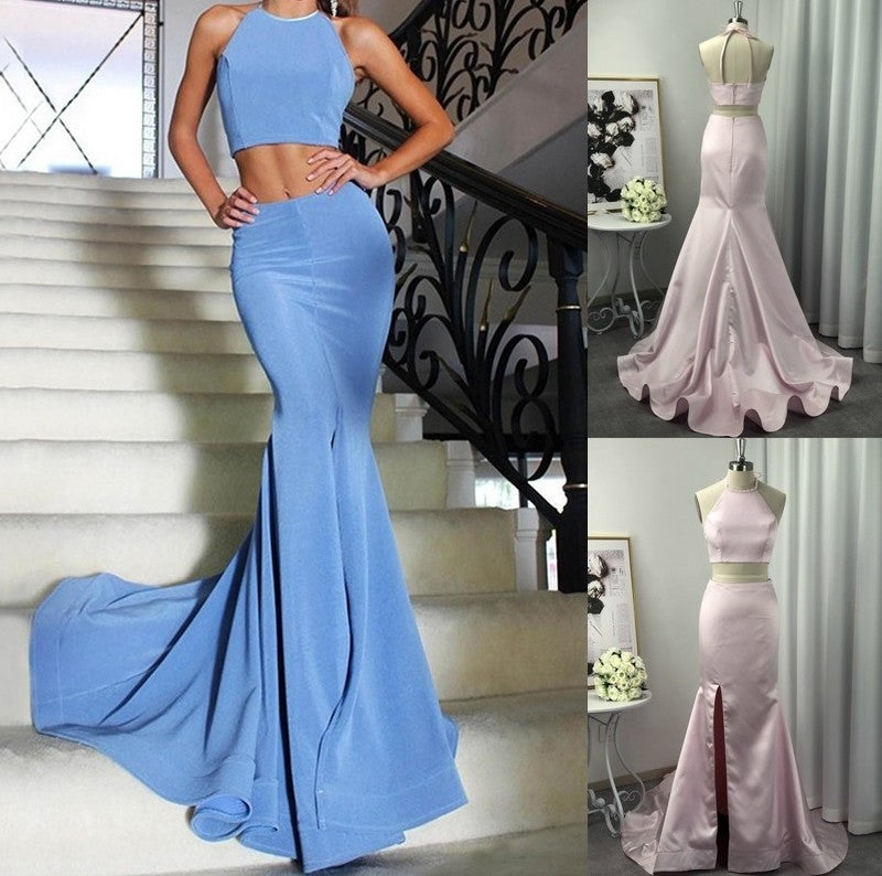With Halter Sleeveless Train A-Line Satin Sweep/Brush Ruffles Two Piece Dresses