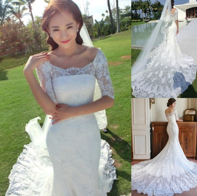 Applique Train Square Sleeves 1/2 Cathedral Trumpet/Mermaid Lace Wedding Dresses