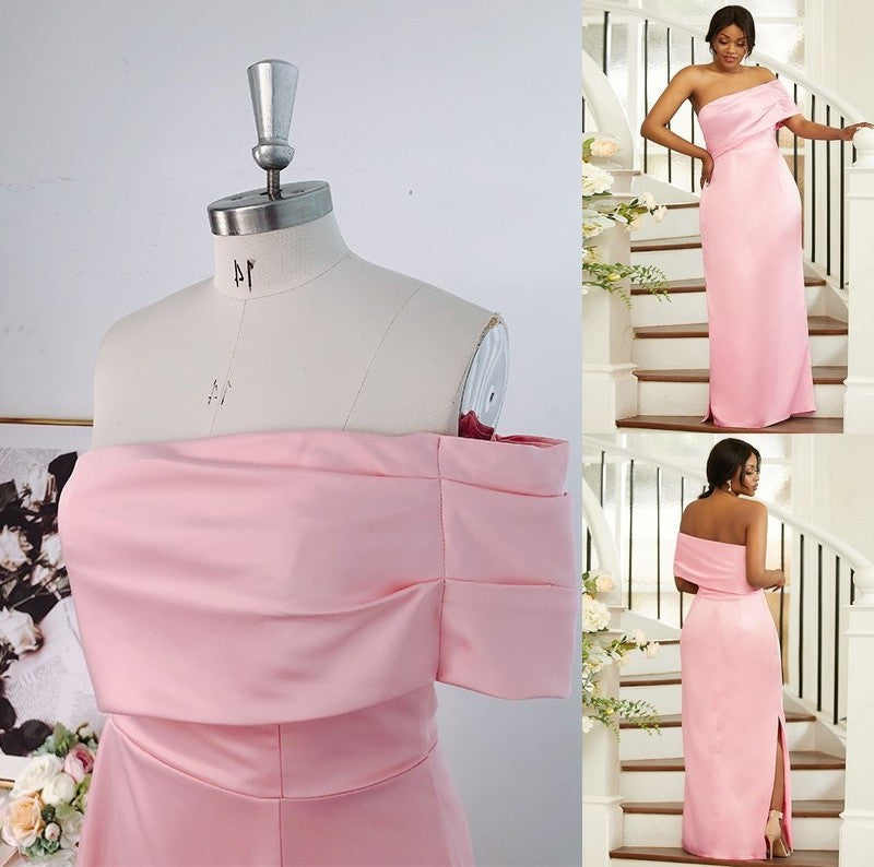 Sheath/Column Sleeveless Satin One-Shoulder Ruched Floor-Length Bridesmaid Dresses