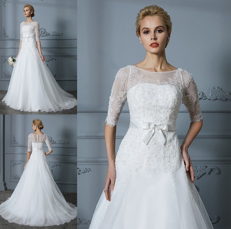 Scoop Sleeves Lace 1/2 Train A-Line/Princess Court Tulle Wedding Dresses