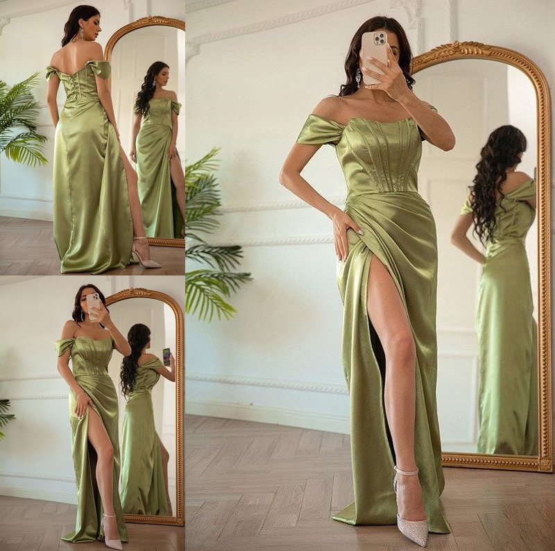 Satin Sheath/Column Woven Off-the-Shoulder Elastic Ruched Sleeveless Floor-Length Dresses