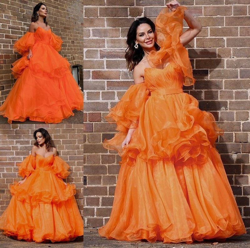 Off-the-Shoulder Layers Long Organza A-Line/Princess Sleeves Floor-Length Dresses