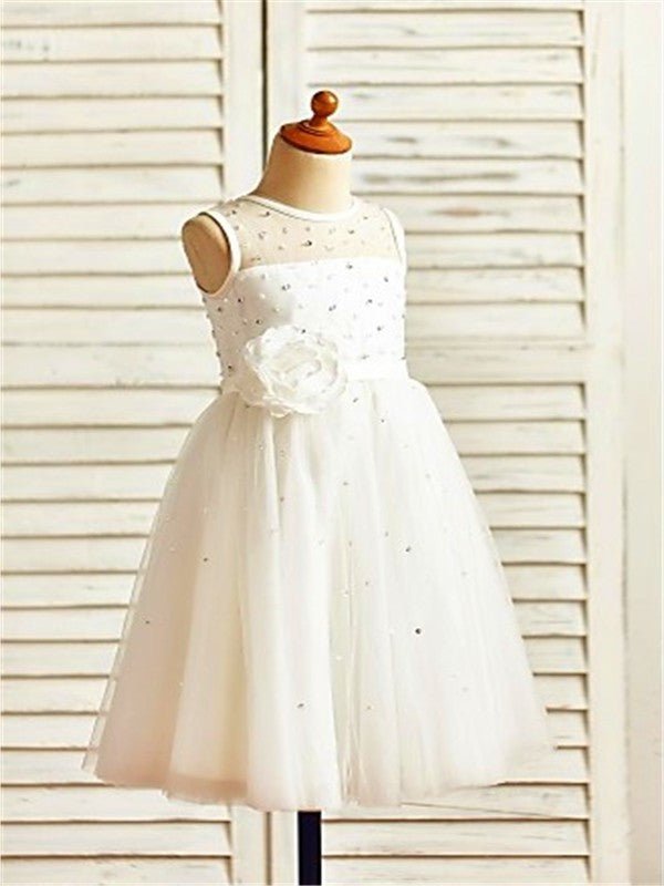 A-line/Princess Flower Sleeveless Tea-Length Tulle Scoop Hand-made Flower Girl Dresses