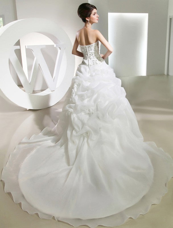 Gown Beading Ball Flower Long Sleeveless Hand-made Organza Wedding Dresses
