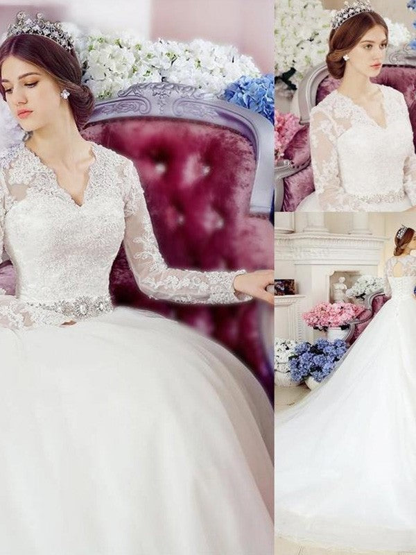 Sleeves Cathedral Applique Long Train V-neck A-Line/Princess Lace Tulle Wedding Dresses