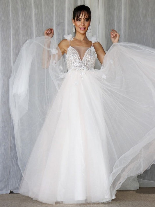 Beading A-Line/Princess Tulle Sleeveless V-neck Floor-Length Wedding Dresses