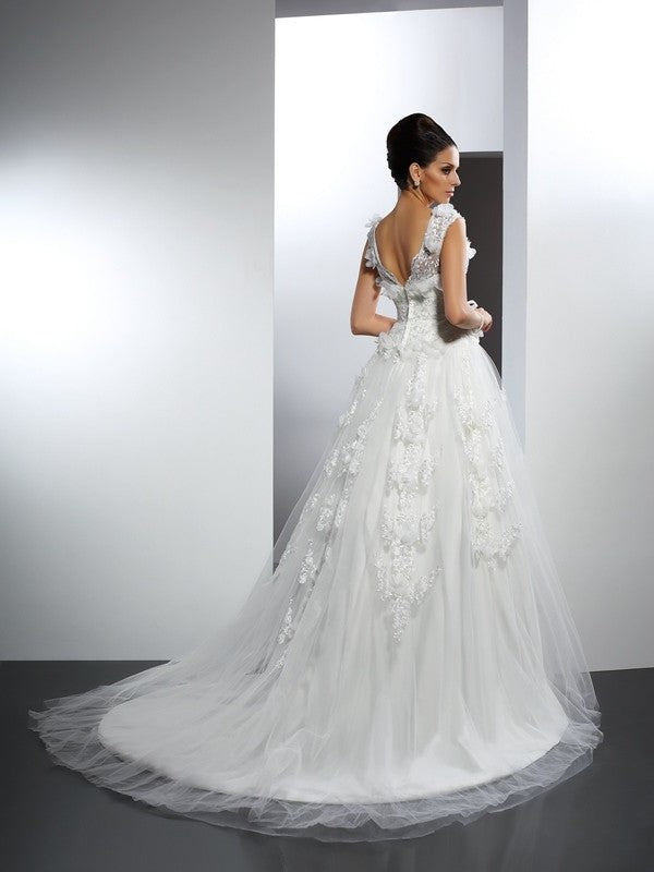 Sleeveless Lace Straps A-Line/Princess Long Satin Wedding Dresses