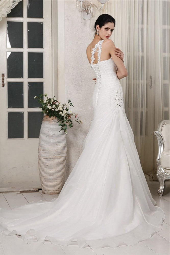 Beading Long Trumpet/Mermaid Sleeveless One-Shoulder Applique Organza Wedding Dresses