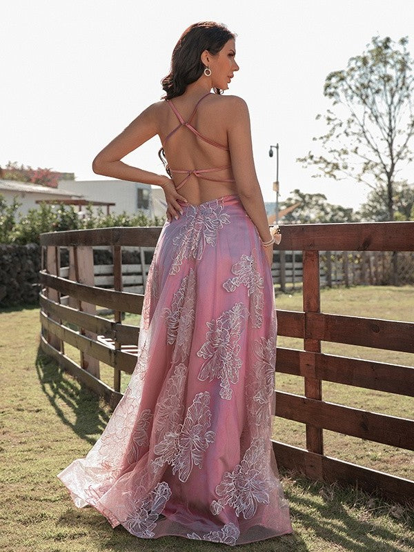 A-Line/Princess Ruffles V-neck Lace Sleeveless Floor-Length Dresses