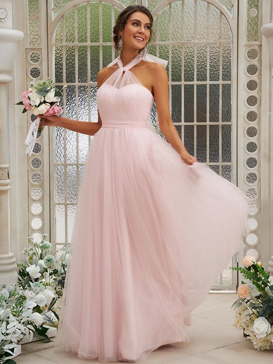 Tulle Ruffles Halter Sleeveless A-Line/Princess Floor-Length Bridesmaid Dresses