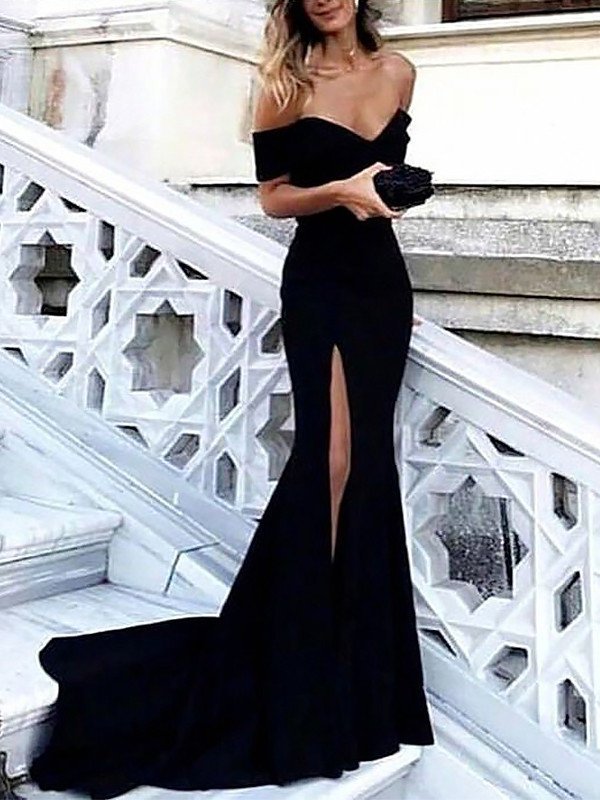 Sheath Court With Off-the-Shoulder Train Sleeveless Ruched Spandex Dresses