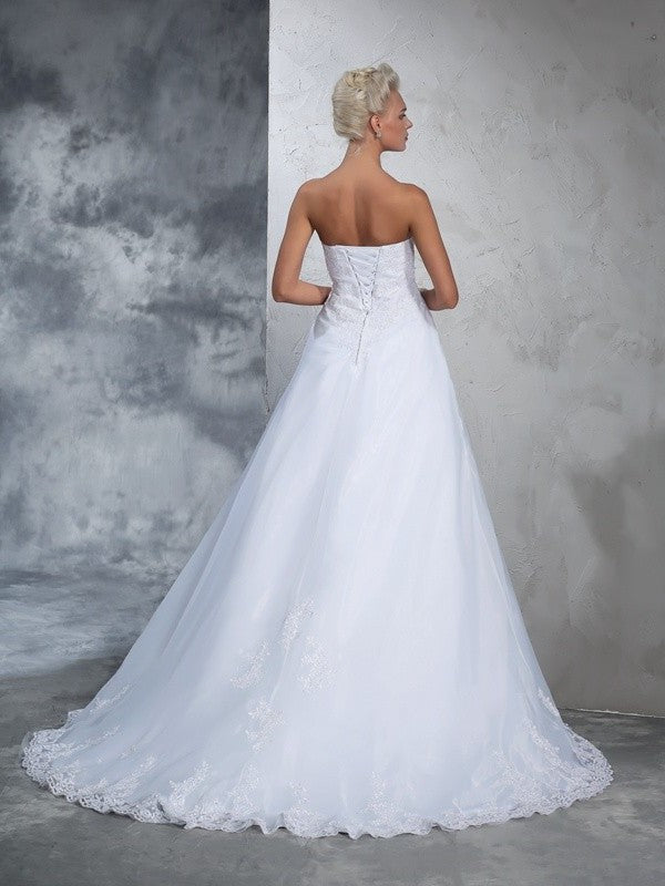 Strapless Long Gown Sleeveless Applique Ball Net Wedding Dresses