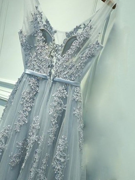 A-Line/Princess V-neck Sleeveless Tulle Applique Floor-Length Dresses