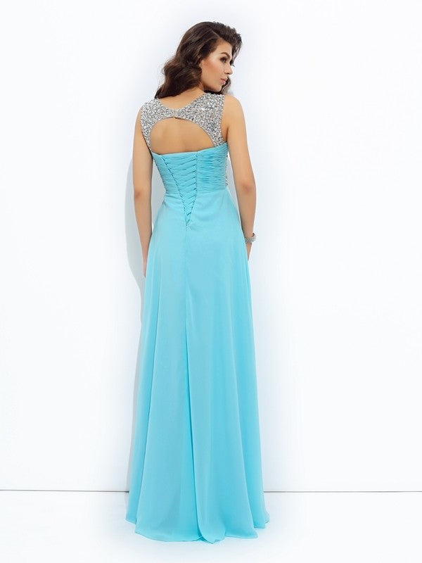 Sleeveless A-line/Princess Sequin Straps Long Chiffon Dresses