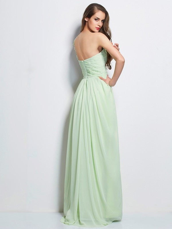 Applique One-Shoulder A-Line/Princess Sleeveless Long Chiffon Dresses