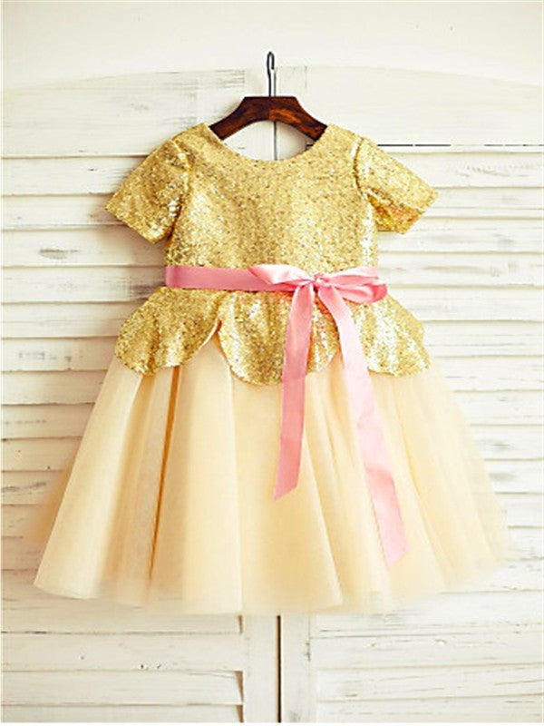 Scoop Sleeves Tea-Length Tulle Short Sequin A-line/Princess Flower Girl Dresses