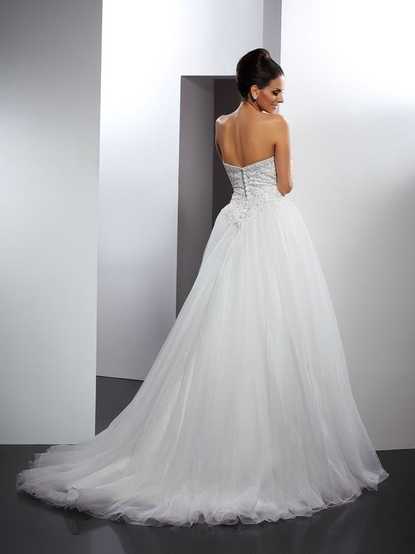 Long Sweetheart A-Line/Princess Sleeveless Applique Net Wedding Dresses