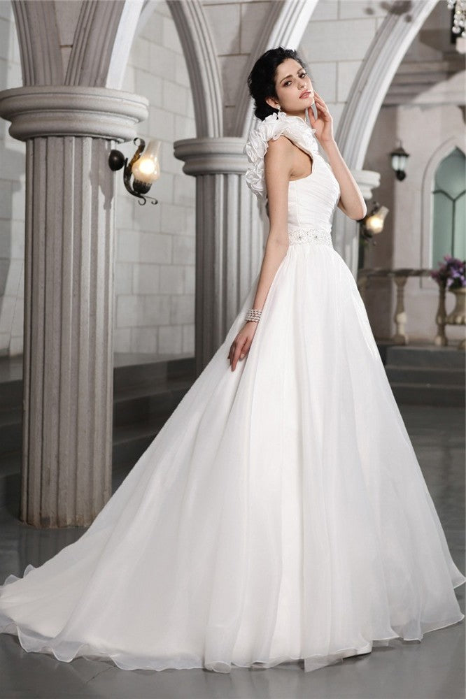 One-Shoulder Long Sleeveless Beading A-Line/Princess Organza Wedding Dresses