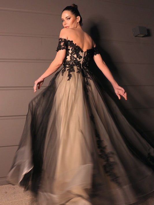Tulle Off-the-Shoulder Applique Sleeves Short A-Line/Princess Floor-Length Wedding Dresses