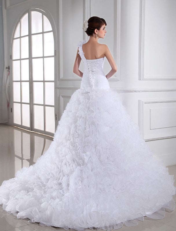 Beading Ball Gown Sweetheart Sleeveless One-shoulder Long Organza Wedding Dresses