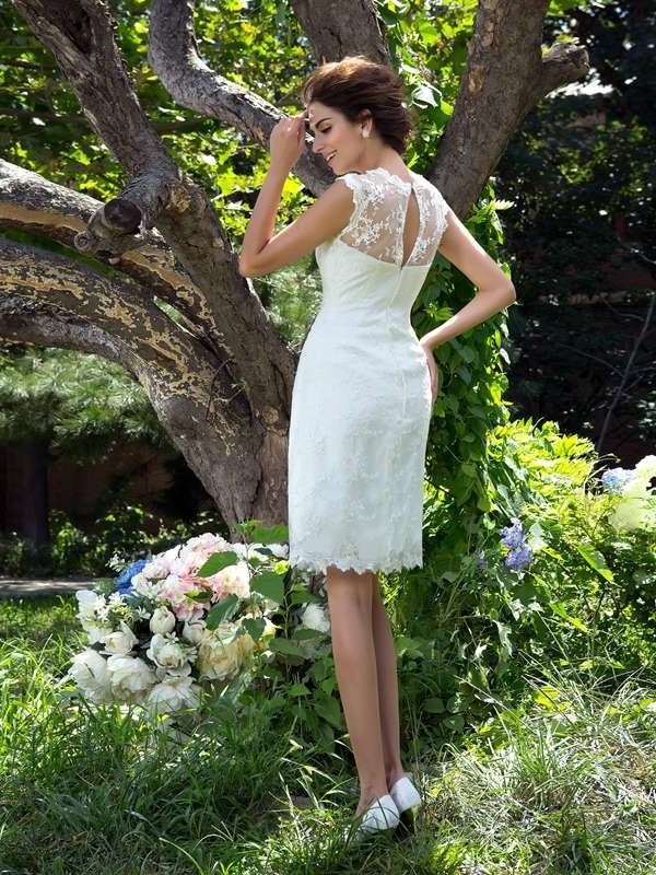 Sheer A-Line/Princess Applique Neck Short Sleeveless Satin Wedding Dresses