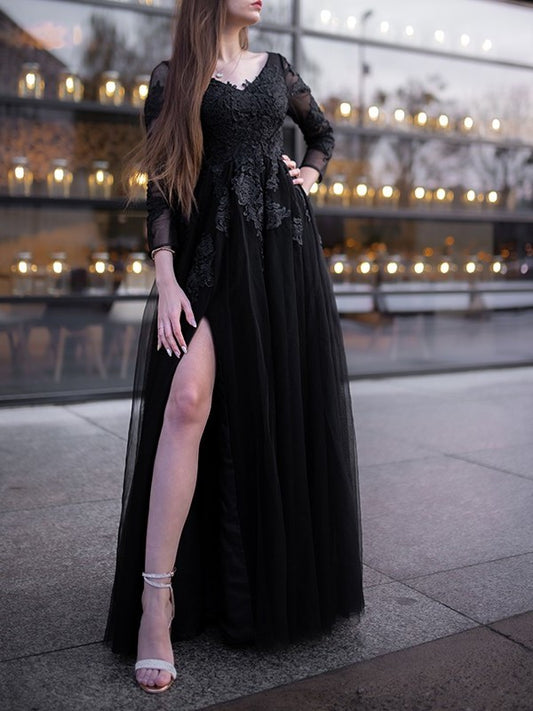Applique Ball Gown Tulle Long Sleeves Off-the-Shoulder Floor-Length Dresses