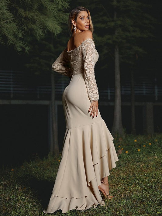Stretch Off-the-Shoulder Sleeves Lace Trumpet/Mermaid Crepe Long Asymmetrical Bridesmaid Dresses