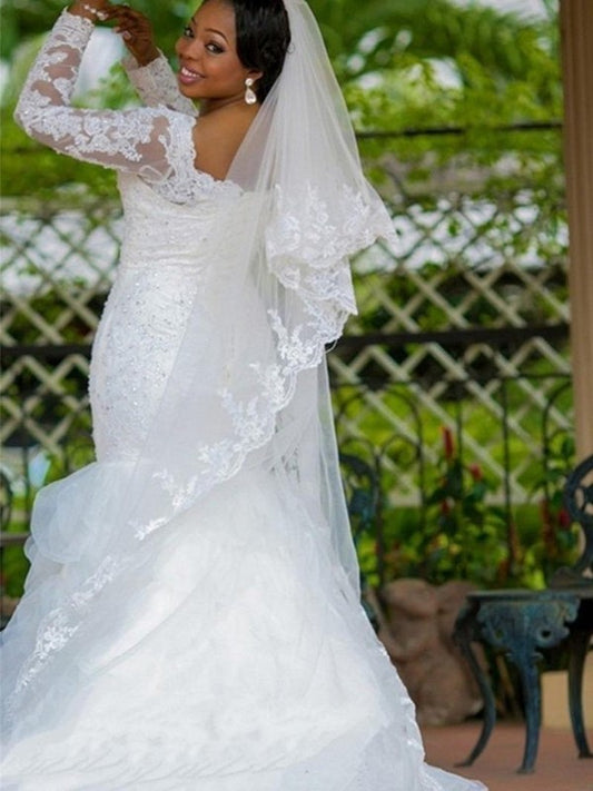 Trumpet/Mermaid Applique Long Organza Sleeves Chapel Square Train Wedding Dresses
