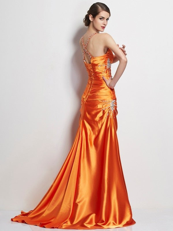 Straps Long Spaghetti Elastic Beading A-Line/Princess Sleeveless Woven Satin Dresses