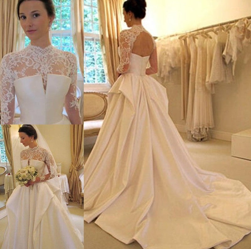 Neck Long Lace Gown Sleeves Satin Chapel High Ball Train Wedding Dresses