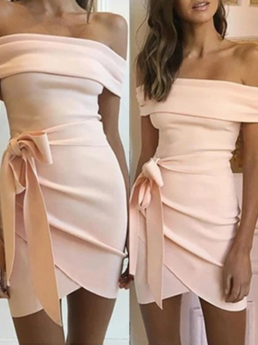 Off-the-Shoulder Crepe Sheath/Column Sash/Ribbon/Belt Stretch Sleeveless Short/Mini Homecoming Dresses