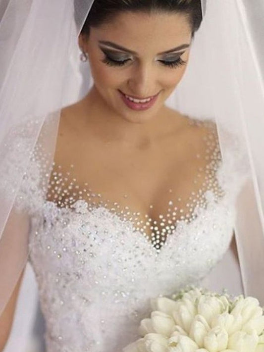 Beading Ball V-neck Floor-Length Gown Sleeveless Tulle Wedding Dresses