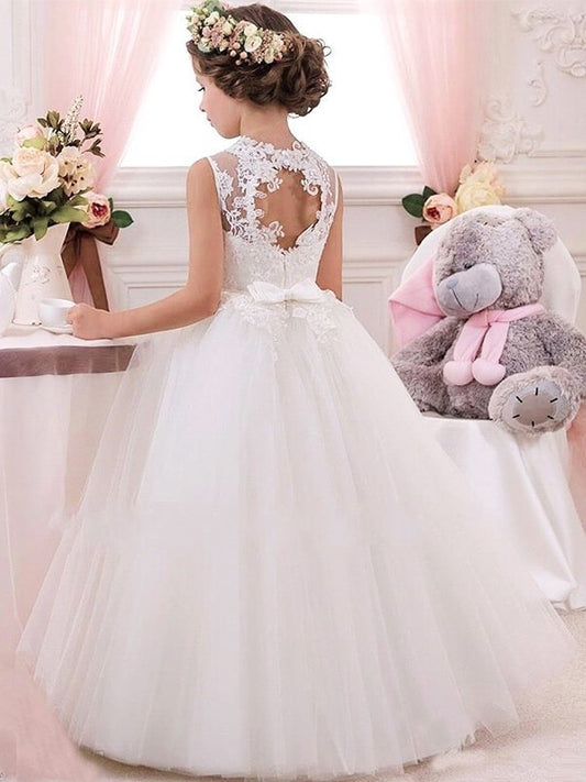 Applique Sleeveless Tulle Ball Gown Jewel Floor-Length Flower Girl Dresses