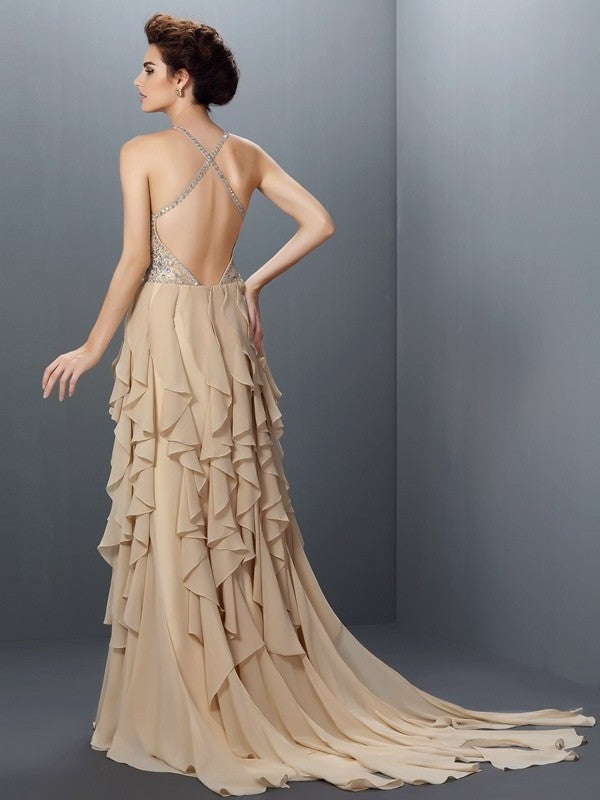 V-neck Beading Sleeveless A-Line/Princess Long Chiffon Dresses