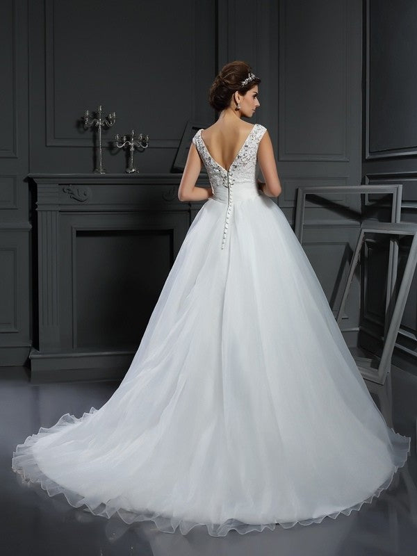 Long Sleeveless Beading V-neck A-Line/Princess Organza Wedding Dresses