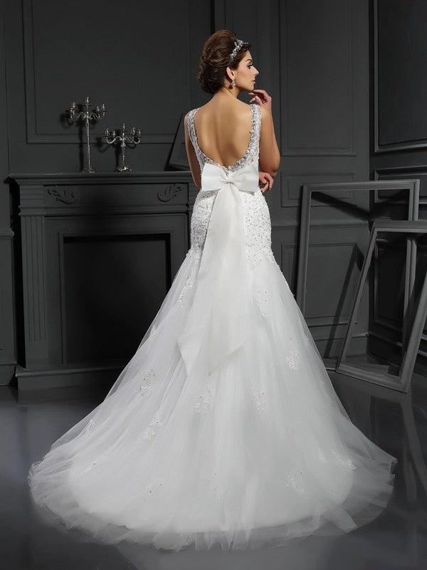 Applique Scoop Sleeveless Sheath/Column Long Net Wedding Dresses