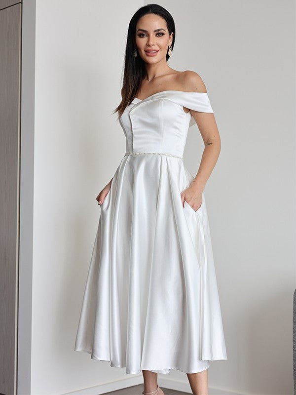 Satin Sleeveless Off-the-Shoulder A-Line/Princess Ruffles Tea-Length Wedding Dresses