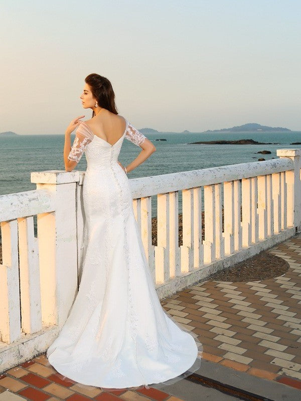 Sleeves Short Sweetheart Sheath/Column Long Satin Applique Beach Wedding Dresses