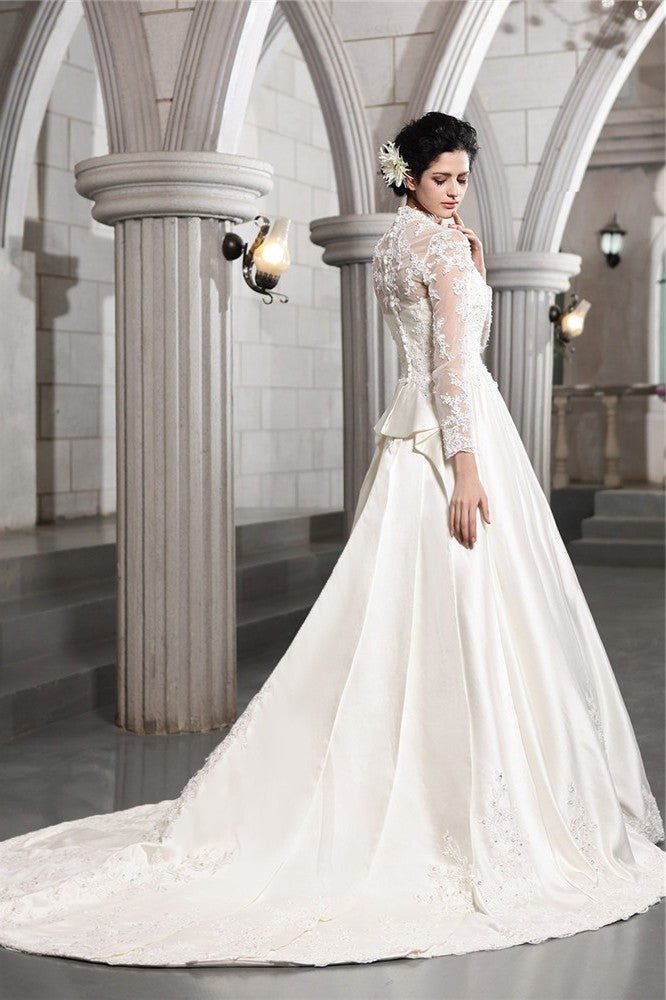 Long A-Line/Princess Applique Long Beading Sleeves Satin Wedding Dresses