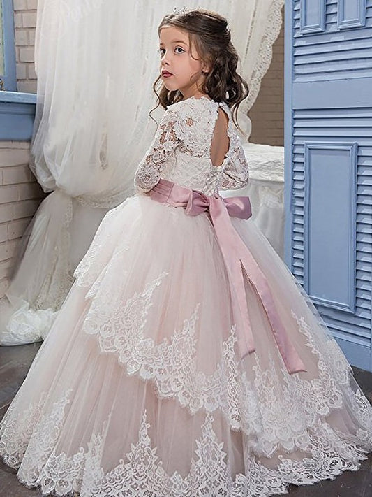 Gown Ball Long Tulle Jewel Lace Sleeves Floor-Length Flower Girl Dresses