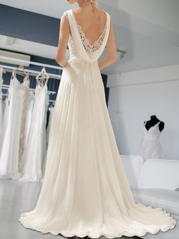 Empire V-neck Sleeveless Floor-Length Lace Chiffon Wedding Dresses