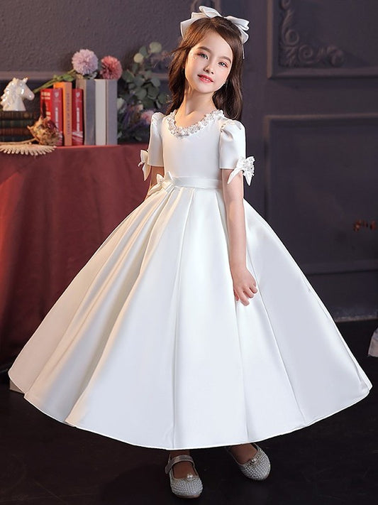 Sleeves A-Line/Princess Jewel Satin Short Tea-Length Bowknot Flower Girl Dresses