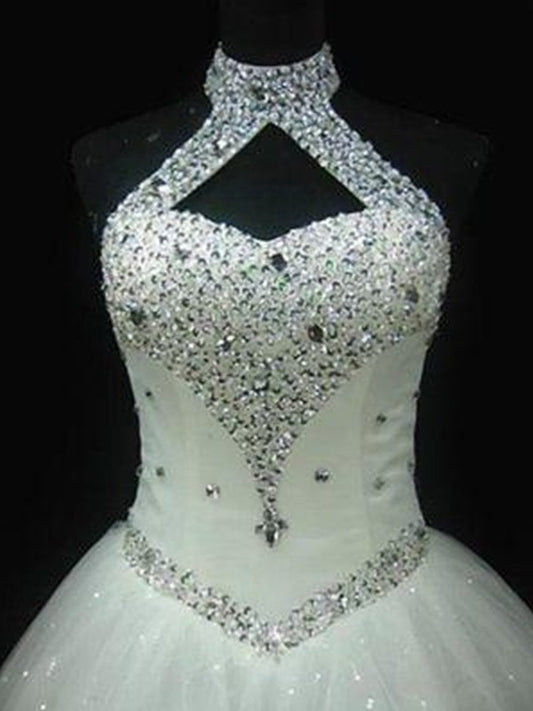 Floor-Length Gown Ball Halter Sleeveless Beading Sequin Tulle Wedding Dresses