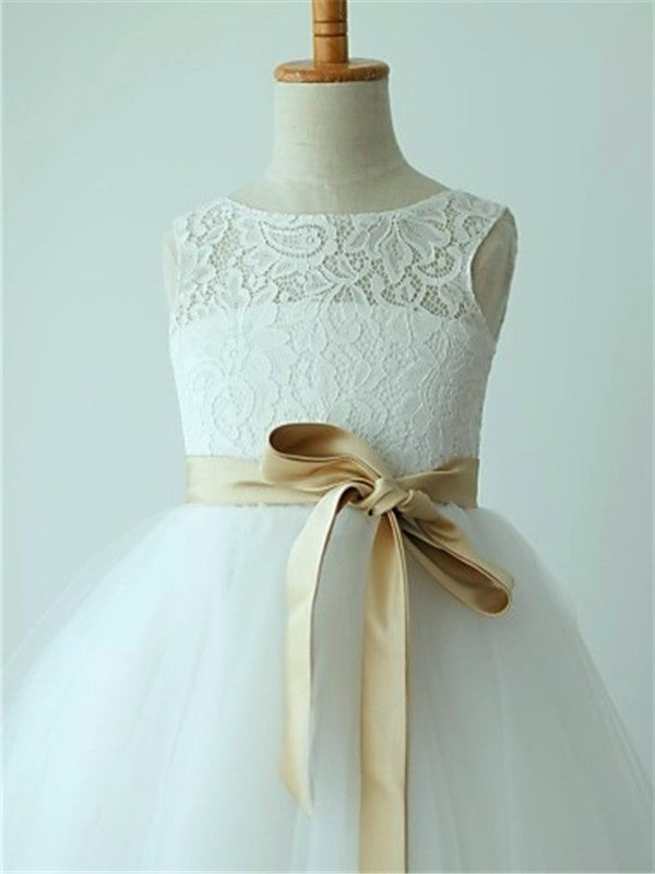 Sleeveless A-line/Princess Tulle Tea-Length Sash/Ribbon/Belt Scoop Flower Girl Dresses