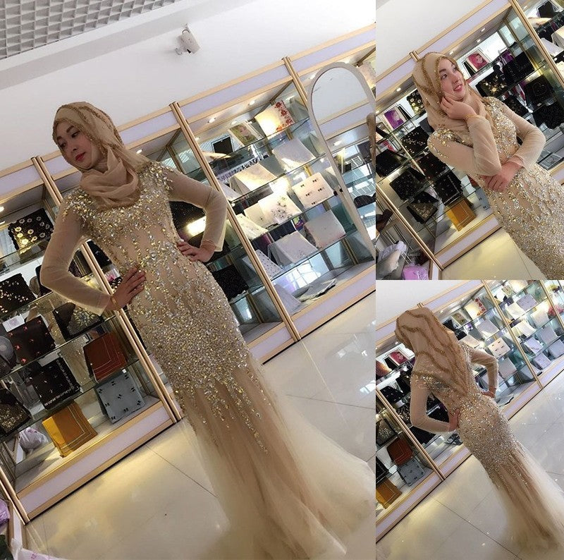 Sequin Long Scoop Sheath/Column Sleeves Floor-Length Tulle Muslim Dresses
