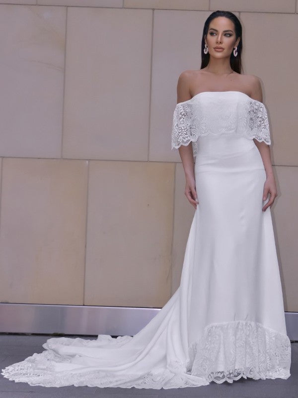 Sleeves Lace Short Off-the-Shoulder Sheath/Column Ruffles Sweep/Brush Train Wedding Dresses