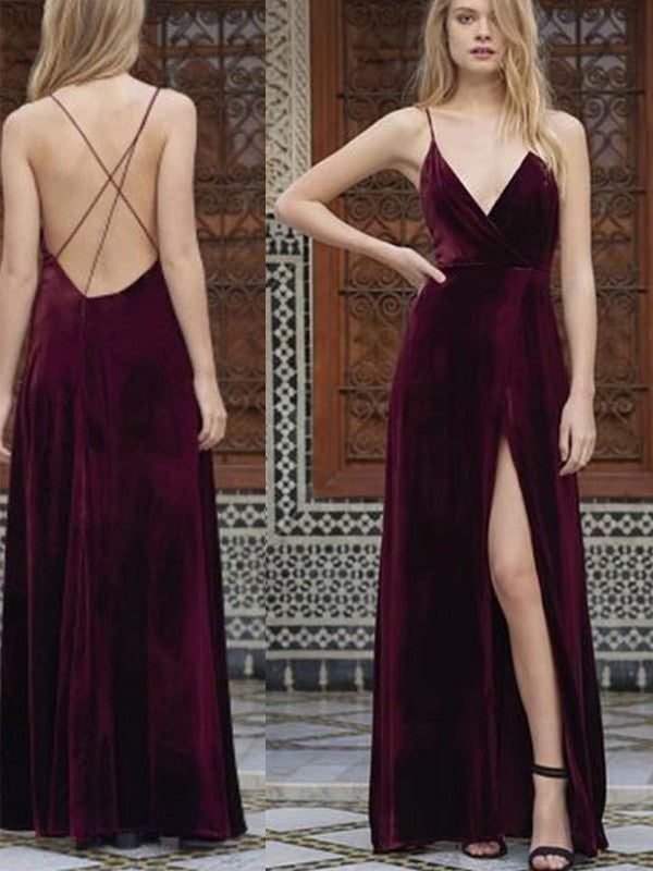 Floor-Length Sleeveless A-Line/Princess Spaghetti Straps Ruffles Velvet Dresses