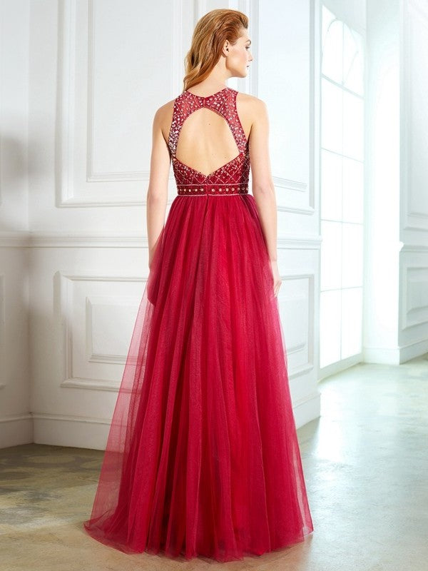 A-Line/Princess Scoop Floor-Length Sleeveless Beading Tulle Dresses