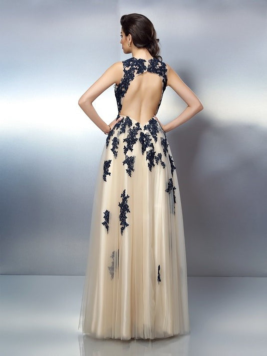 Applique Straps Elastic A-Line/Princess Long Sleeveless Woven Satin Dresses